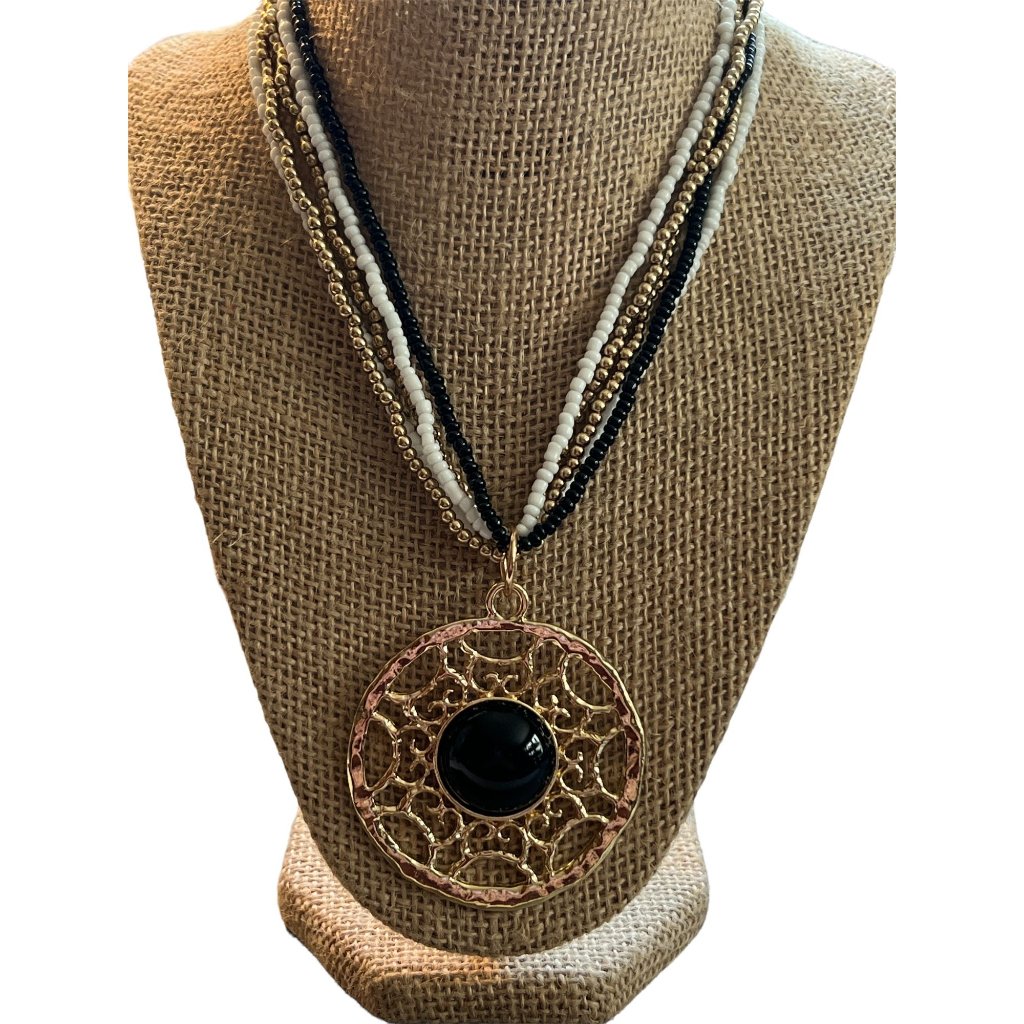 A&I Necklace Large Gold Tone Pendant Black Cabochon Multi Strand New